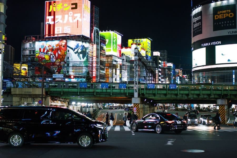 Neon signs over a Shinjuku street at night, Tokyo