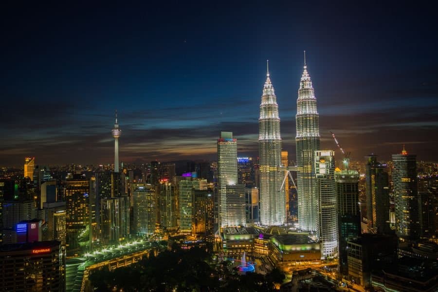 The Petronas Towers lit at night, Kuala Lumpur